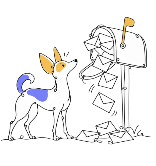 Uma caixa de correio a transbordar de envelopes e o Faro surpreendido.