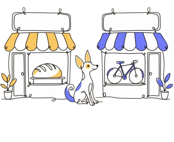 Duas lojas com a mesma tabuleta, uma de pão e outra de bicicletas, e o Faro tranquilo no meio.